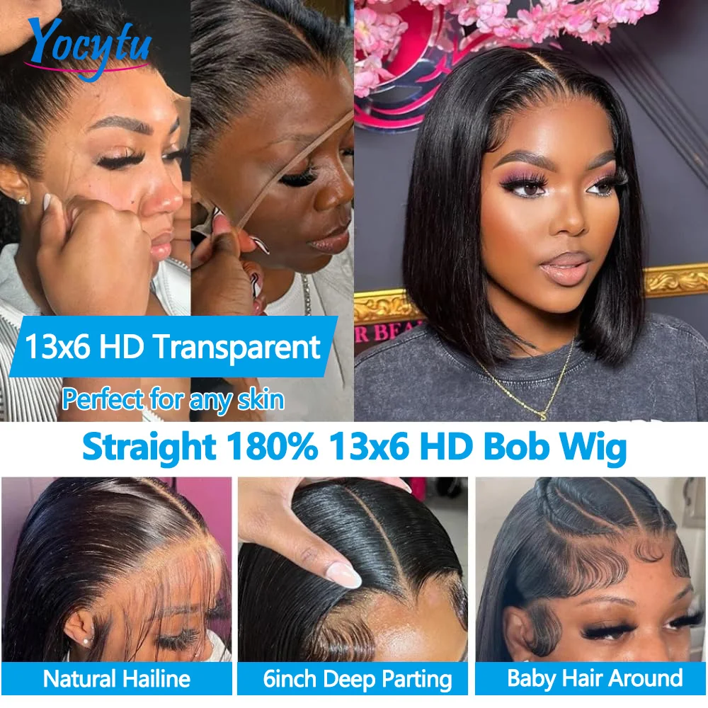 YOCYTU 13x6 Bob Lace Front Perücke Echthaar 12 Zoll Kurze Glatte Bob Frontal Perücken Vorgezupft Transparente Spitzenperücken für Frauen – Detail 4