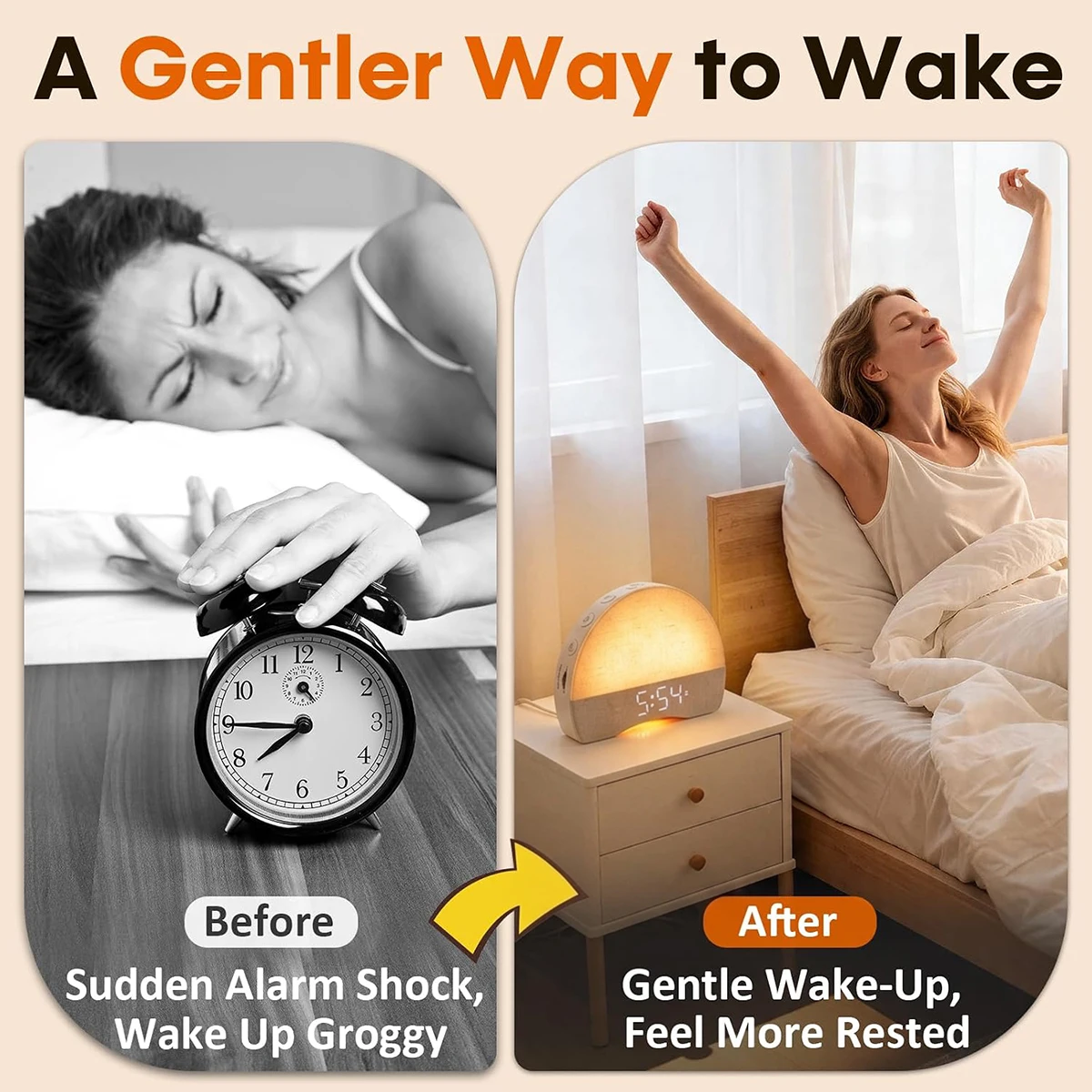 Sunrise Wake‑Up Night Light RGB Dimmable Bedside Lamp 30 Soothing Sounds LED Digital Alarm Clock Snooze For Kids Gift