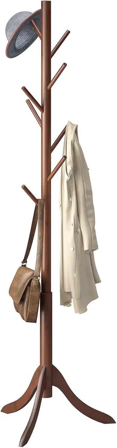 

Freestanding Bamboo Coat Rack with 8 Hooks for Jackets, Purses, and Scarfs in Brown