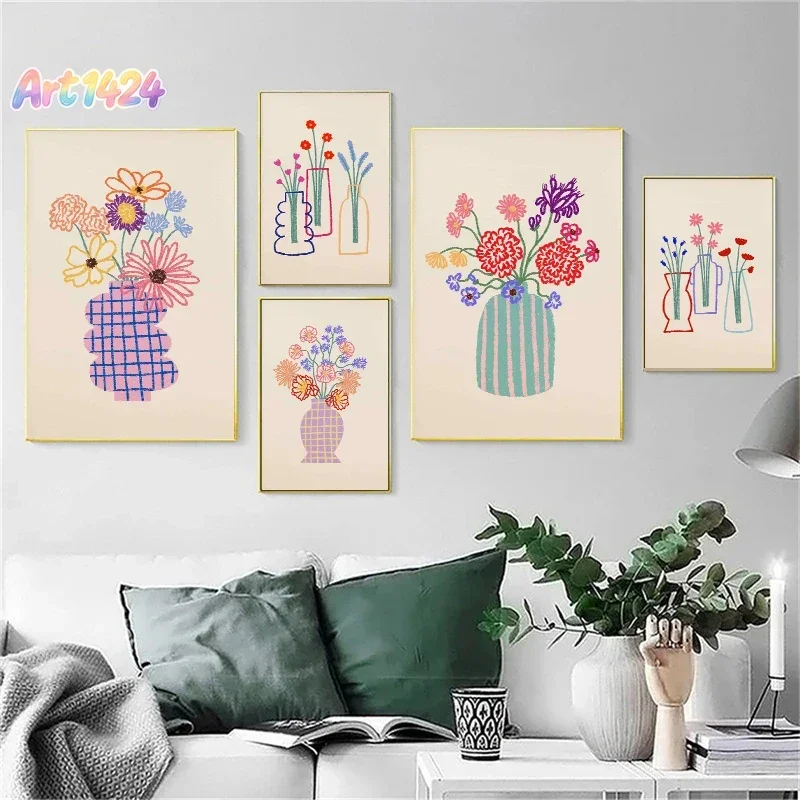 Colorful Abstract Flower Vase Pastel Floral Bouquet Poster Retro Flower Market Canvas Painting Boho Wall Art for Room Home De