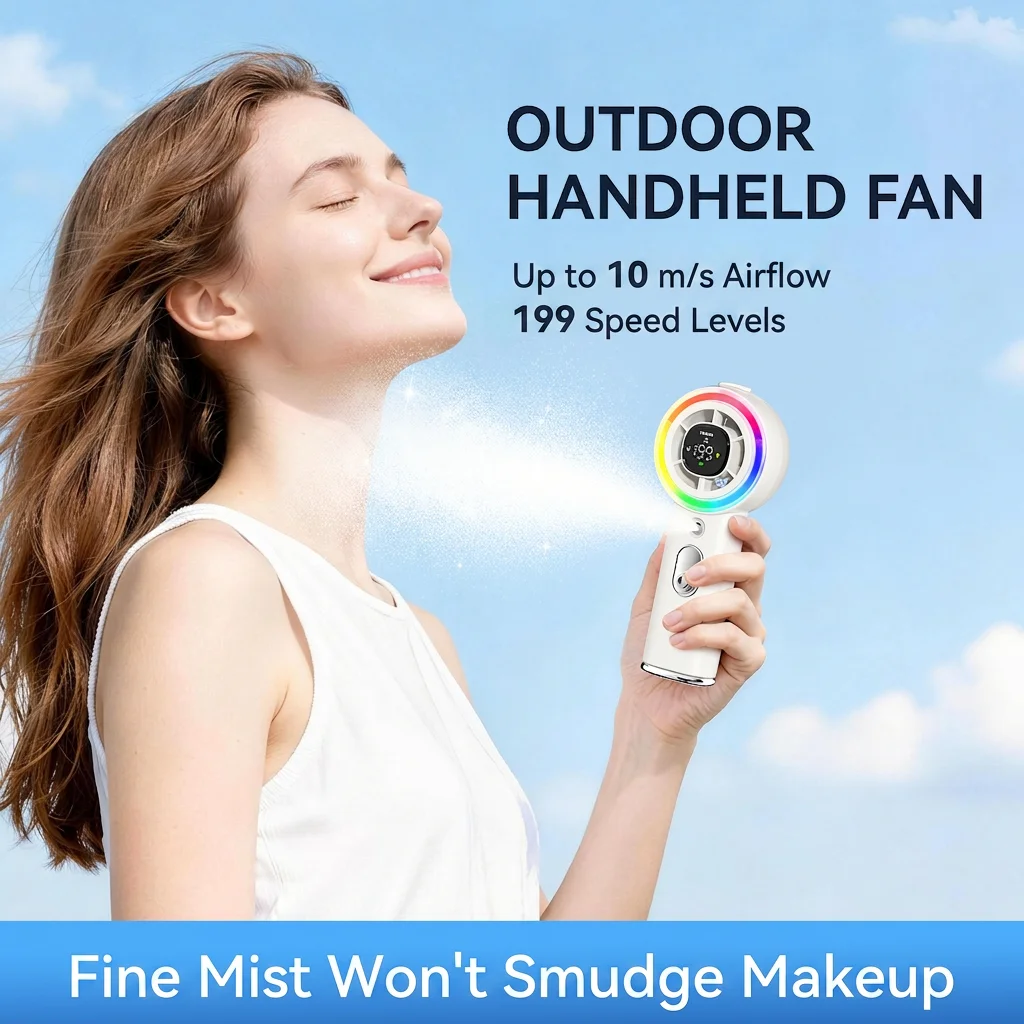 Handheld Rechargeable Fan with Cooling Mist 1-199 Speed 4000 mAh Battery Misting Turbo Fan with Water Tank Mini Portable Fan