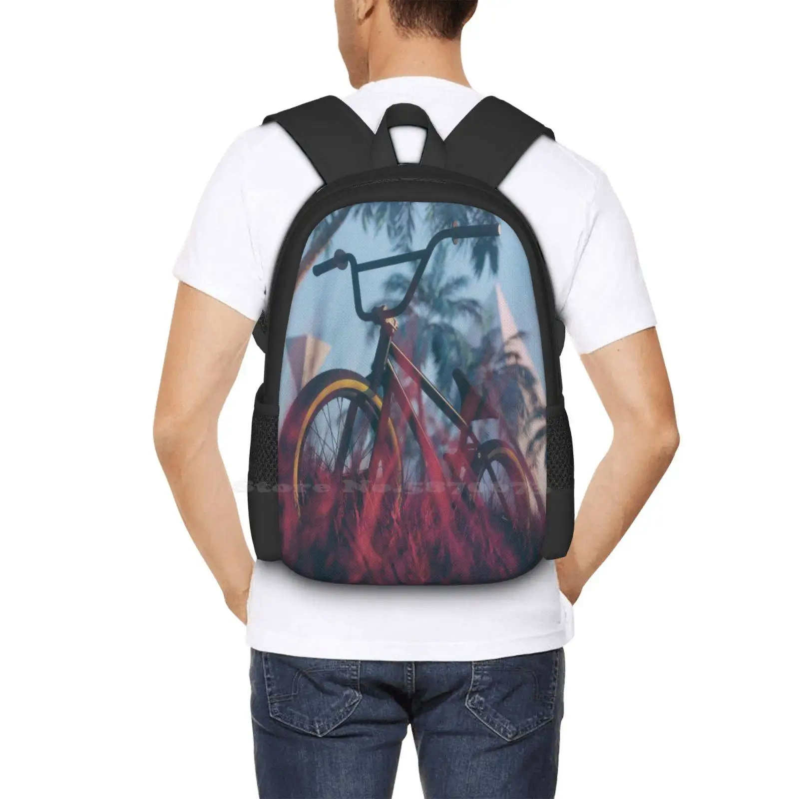 Forever 3D Print Design zaino borsa per studenti Forever 3D Abstract Render Bmx bicicletta Grass Land Red Palmtrees piramidi Valley