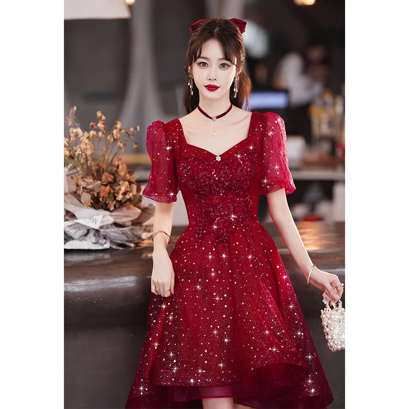 Wine Red High Low Prom Dresses 2022 Elegant Sweetheart Luxury Appliques Shiny Glitter Tulle Short Front Long Back Wedding Party