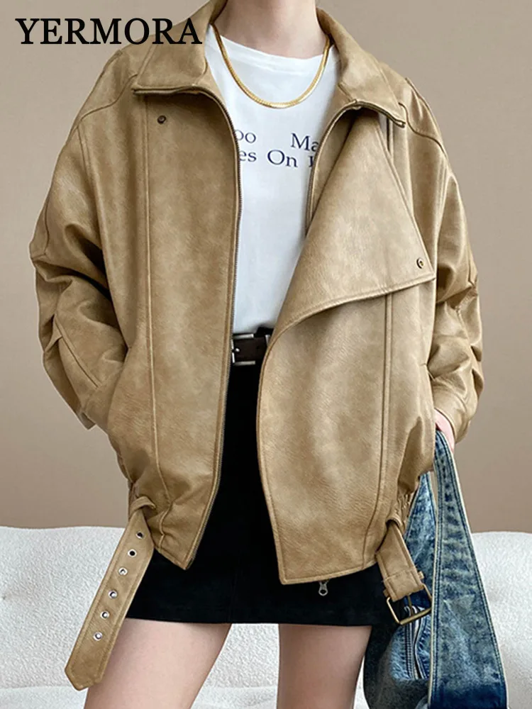 

YERMORA Khaki Texture PU Leather Elastic Hem Jacket Lapel Long Sleeve Loose New Women's Coat Fashion Tdie Spring Autumn 2025
