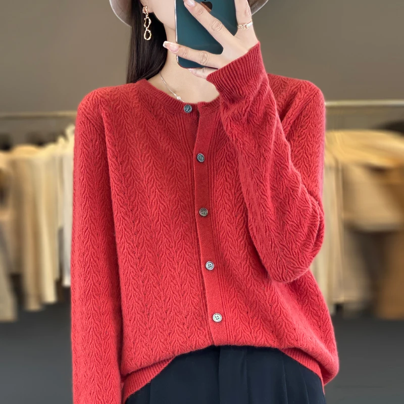 Women's Cardigan Spring/Autumn 100% Wool Knitted Sweater Casual Blouse Loose Ladies Tops Round Neck Single Breasted Jacket