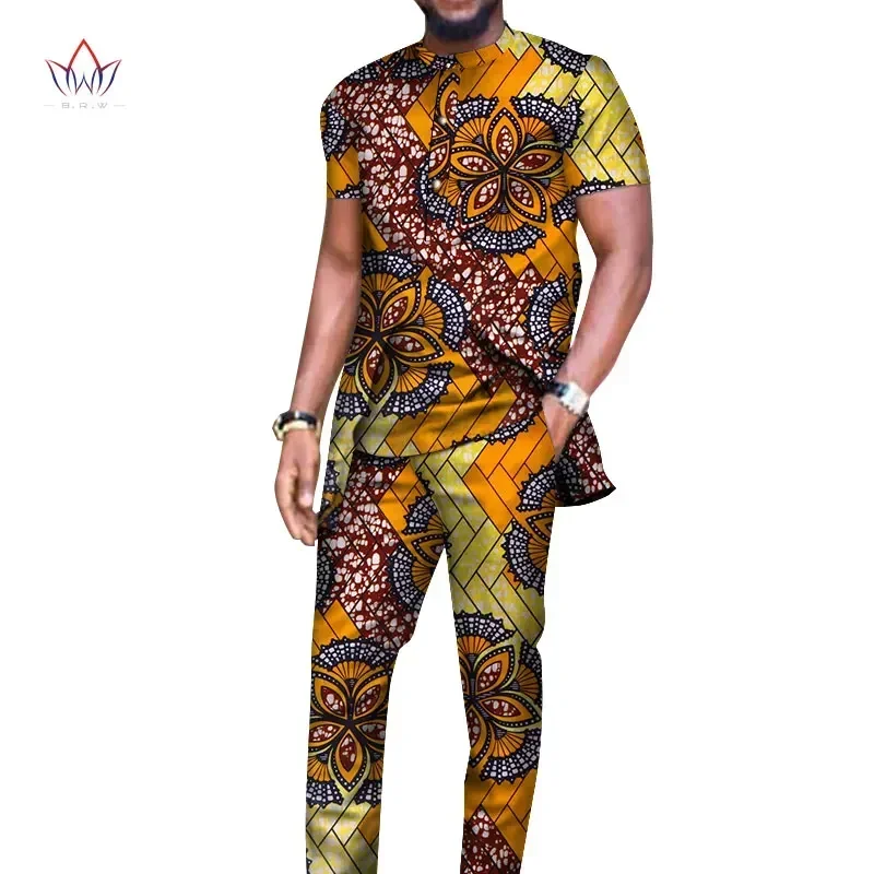 Bazin Riche Men 2 Pieces Pants Sets African Design Clothing African Clothes Casual Men Long Top Shirts and Pants Sets WYN514