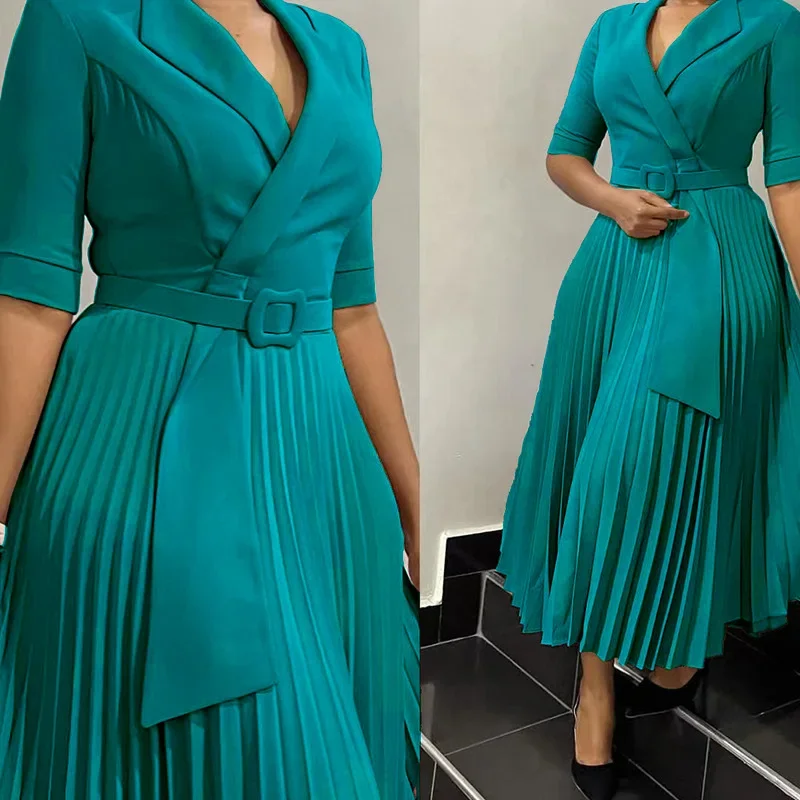 Pleated Dress Women Sexy Dresses White Round Neck Slim Sheath Work High Waist Hip Wrap Elegant Bodycon Mid Length Vestidos
