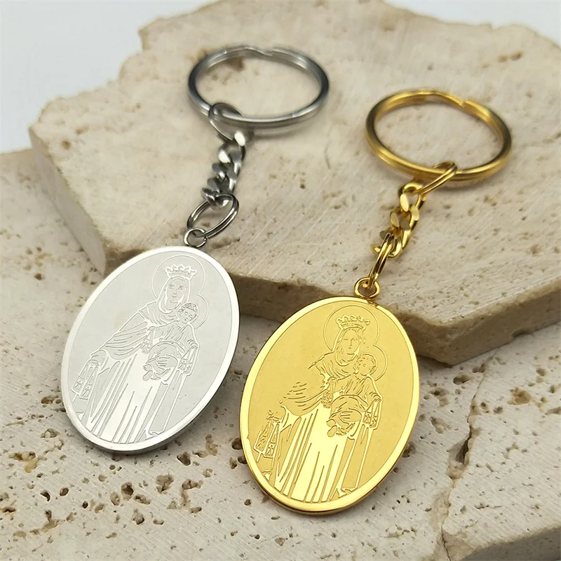 Llavero cristiano de la Virgen María y el bebé Jesús para mujeres y hombres, acero inoxidable, Color dorado, Medalla religiosa, llavero, joyería KZZZ140