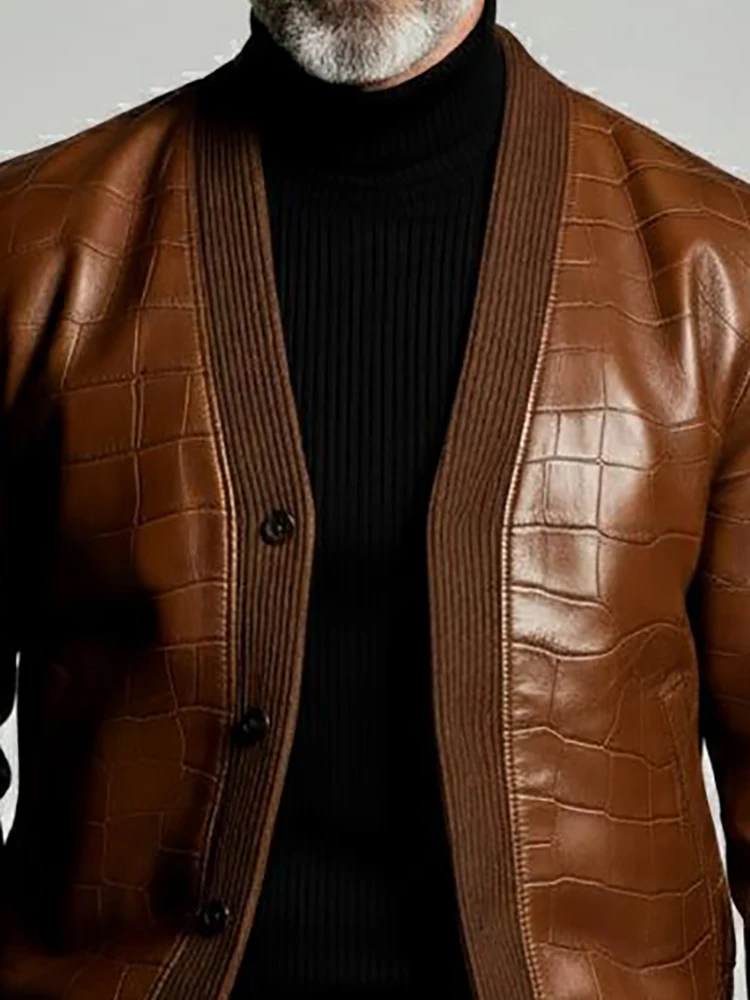 Men Croc Embossed Faux Leather Jacket Casual Cardigan V Neck Rib Knit Trim Single Breasted Bomber Vintage Chic Outerwear Jacket