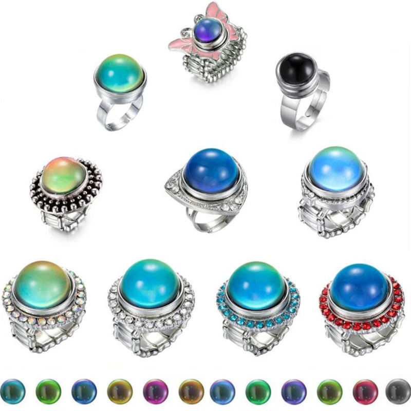 Adjustable Changing Color Rings Rhinestone Mood Emotion Feeling Temperature Rings For Women Men Couples Tone Fine Jewelry