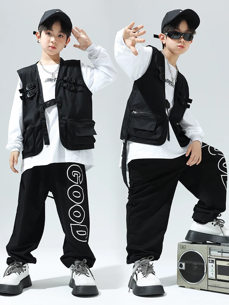 Children Jazz Dance Costume Hip Hop Boys Black Vest Pants Drum Show Clothing Girls Kpop Hiphop Dance Performance Suit BL11692