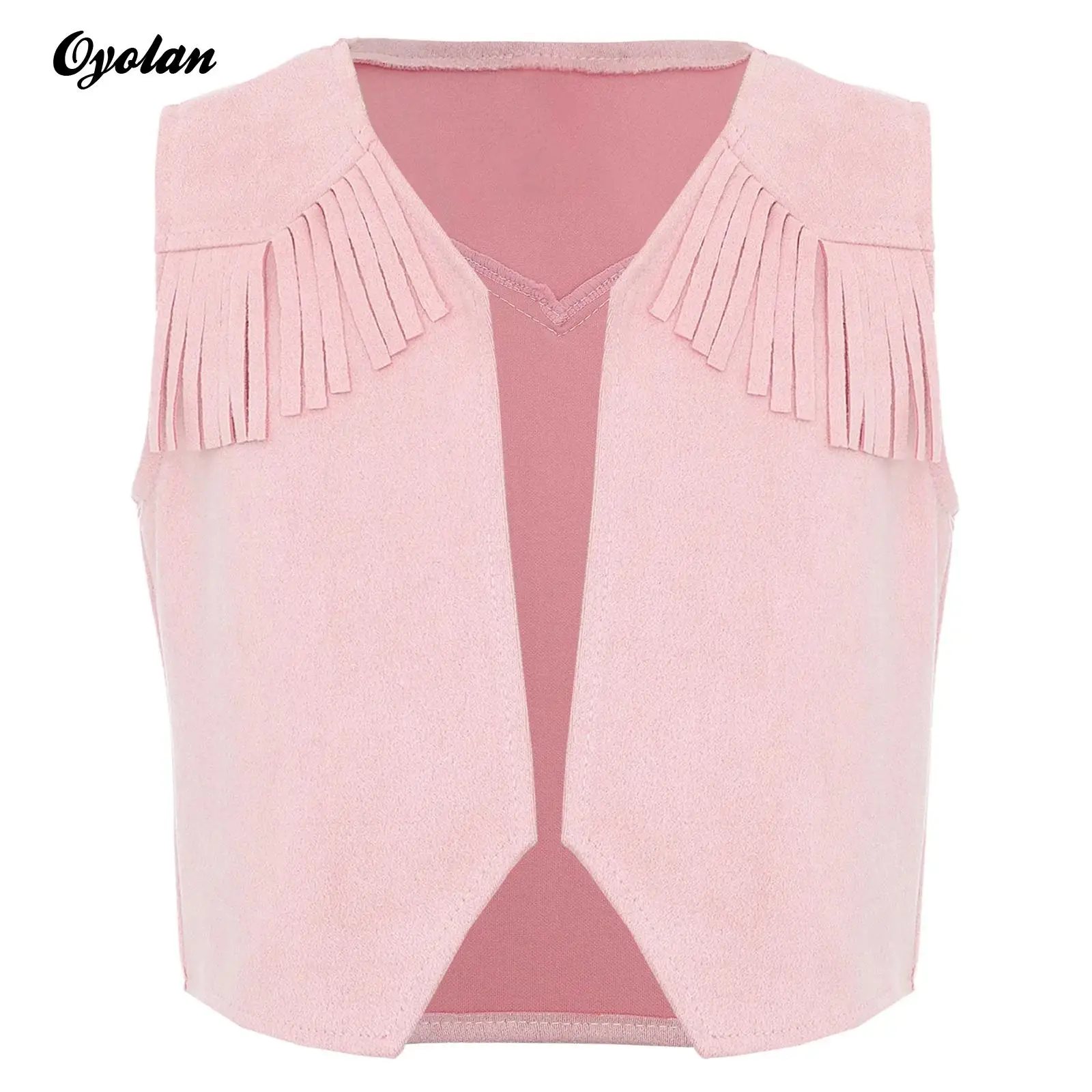 Kids Boys Western Cowboy Suede Vintage Jacket Dress Up Vest Pointed Hem Fringe Decor Open Front Vest Cosplay Halloween Costume