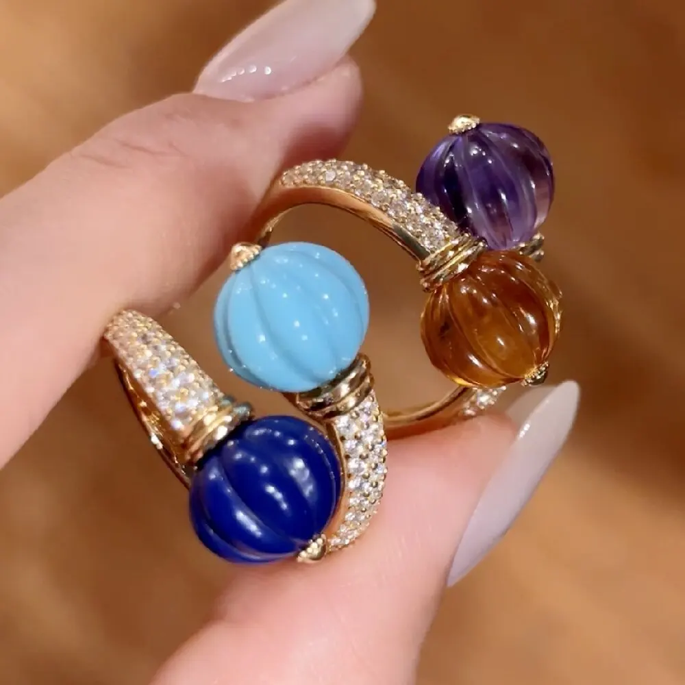 KQDANCE 925 Sterling Silver Carving Turquoise Blue lapis lazuli Yellow White crystal Double Pumpkin Shaped Ring