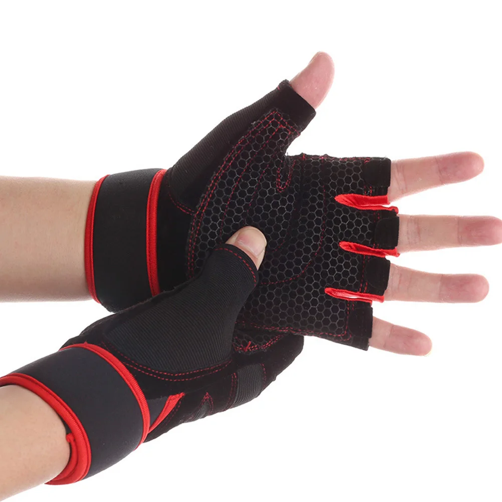 

1Pair Weightlifting Gloves Silicone Palm Breathable Wrist Wrap Fitness Gym Training Anti-Slip Workout Gloves Size S Black Red