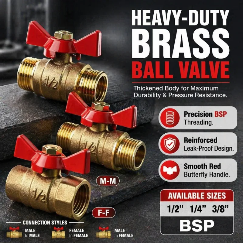 Brass Shut Off Ball Valve 1/4 3/8 1/2 Female to Female Threaded Water Gas Fuel Oil Air Valve with Butterfly Handle 2-Way