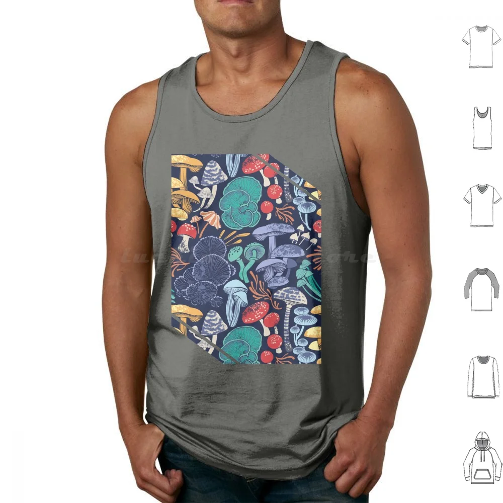 Mystical Fungi / / Midnight Blue Background Multicoloured Wild Mushrooms Tank Tops Print Cotton Pattern Patterns