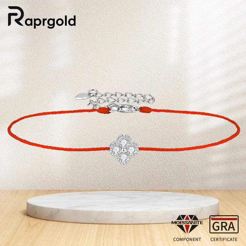

RAPRGOLD Real 925 Sterling Silver Moissanite Blue Red String Four-Leaf Clover Twine Bracelet Rope for Women Wedding Jewelry Gift
