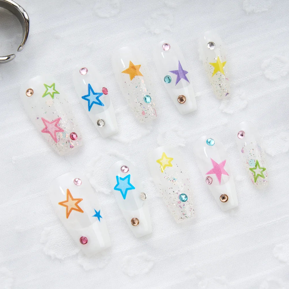 

10pcs Handmade Press on Nails Creamy French Diamond Star Full Coverage Nail Tips for Women&Girls Detachable Wearable Nail Art