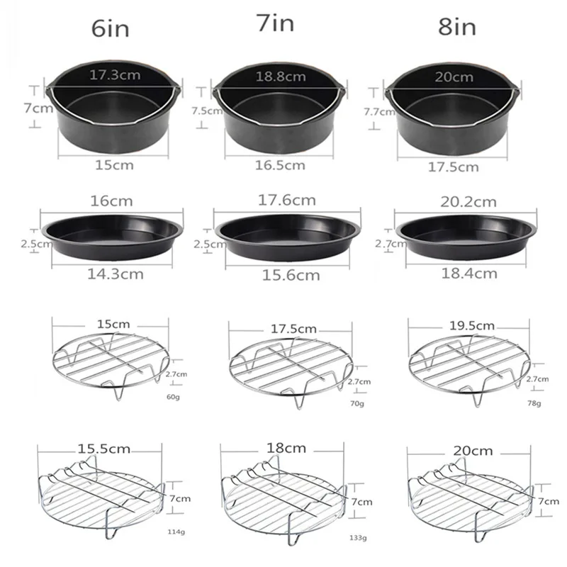 10pcs 6/7/8inch Non-Stick Air Fryer Accessories Set Heat Insulation Pad Pizza Pan Single Layer Steaming Rack Set