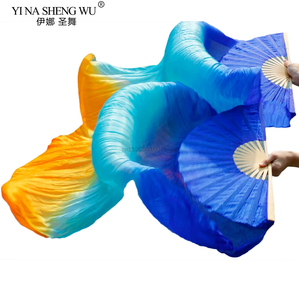 Najnowsze wachlarze do tańca brzucha, 100% jedwab, ręcznie robione wachlarze taneczne, 1 wachlarz na lewą rękę + 1 wachlarz na prawą rękę, królewski niebieski + turkusowy + pomarańczowy jedwabny wachlarz