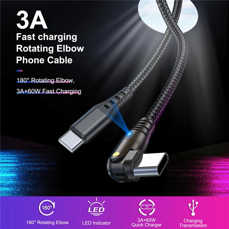 180 Rotate USB C to USB C Type C Cable 3A Fast Charging Cable For Huawei Xiaomi Mobile Phone PD 60W USB C Charger Data Cord