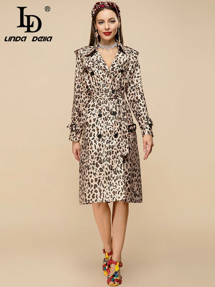 LD LINDA DELLA 2023 Designer Spring Fashion Trench Coat Women\'s Long sleeve Belted Vintage Leopard print Outwear Overcoat