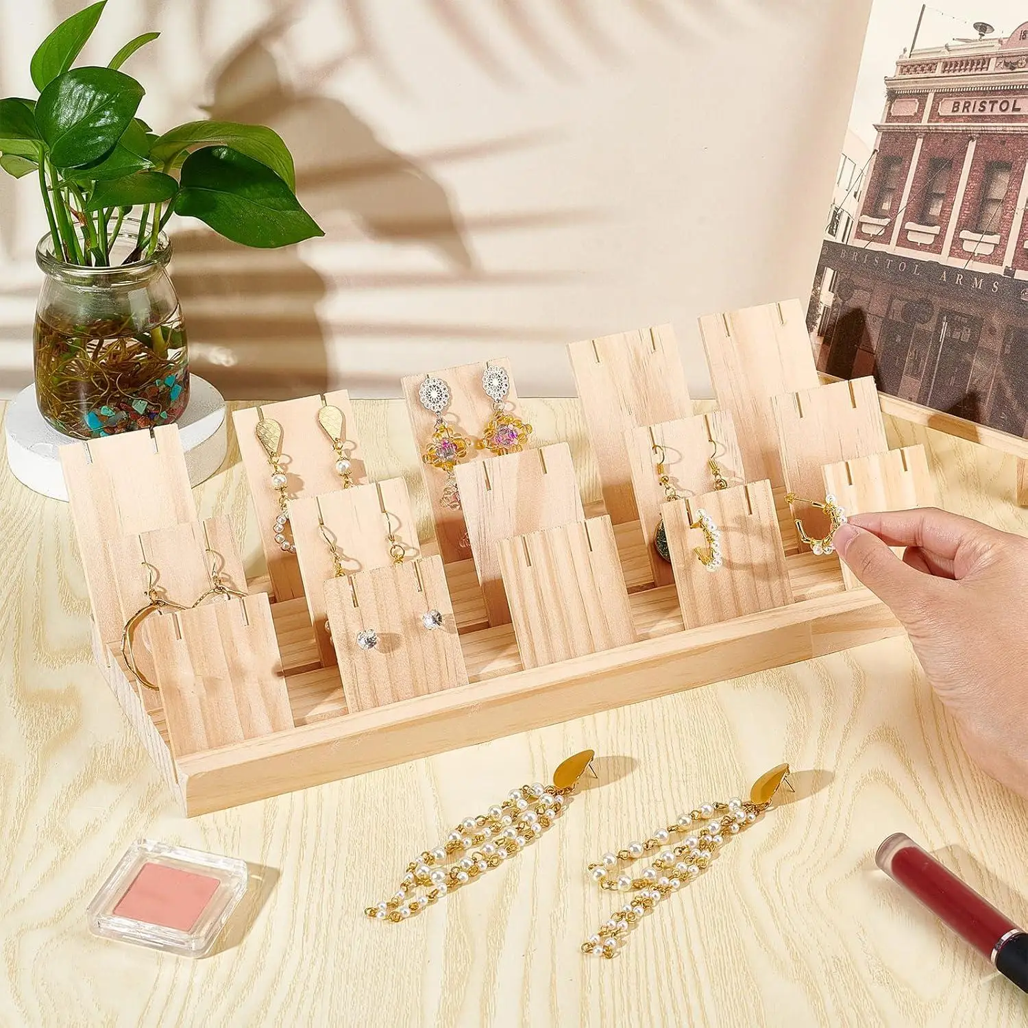 

Wood Earrings Jewelry Hanger Organizer Holder Jewelry Rack Hanger Storage Display Stand Holes Wooden Base for Home Shop Decor