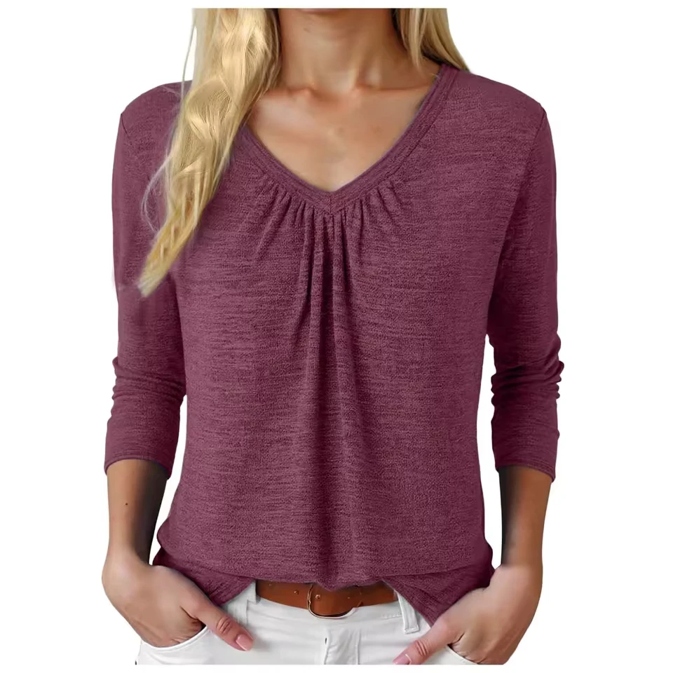 

Women'S Long Sleeve Shirts V Neck Autumn Winter Pleated Tops Blouse Dressy Casual Loose T Shirts Womens Shirts