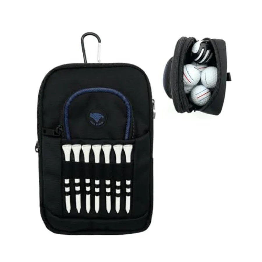 

Golf Bag Pouch for Balls and Accessories 3 Zipper Pockets Detachable Clip Store Up to 15 Balls Front Tee Holder and 10 Bamboo T