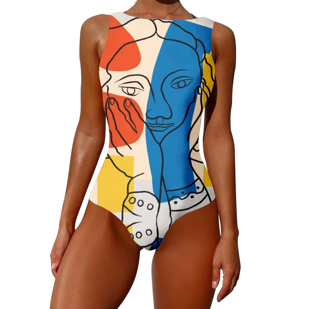 One-piece Swimsuit Women Abstract Printing Monokini Patchwork 2022 Summer O-neck Sexy Beach Bathing Suit Swimwear SOJINM 6XL