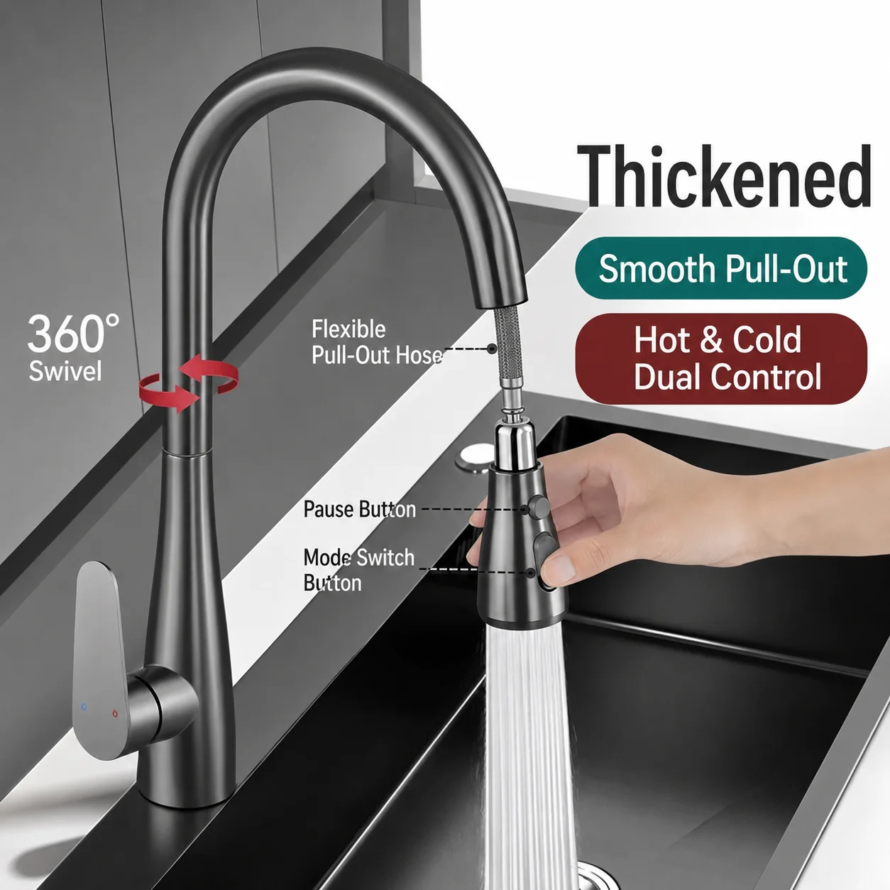 Stainless Steel Pull Out Kitchen Faucet 360° Rotation Hot Cold Mixer Tap Dual Spray Sink Faucet for Kitchen Basin