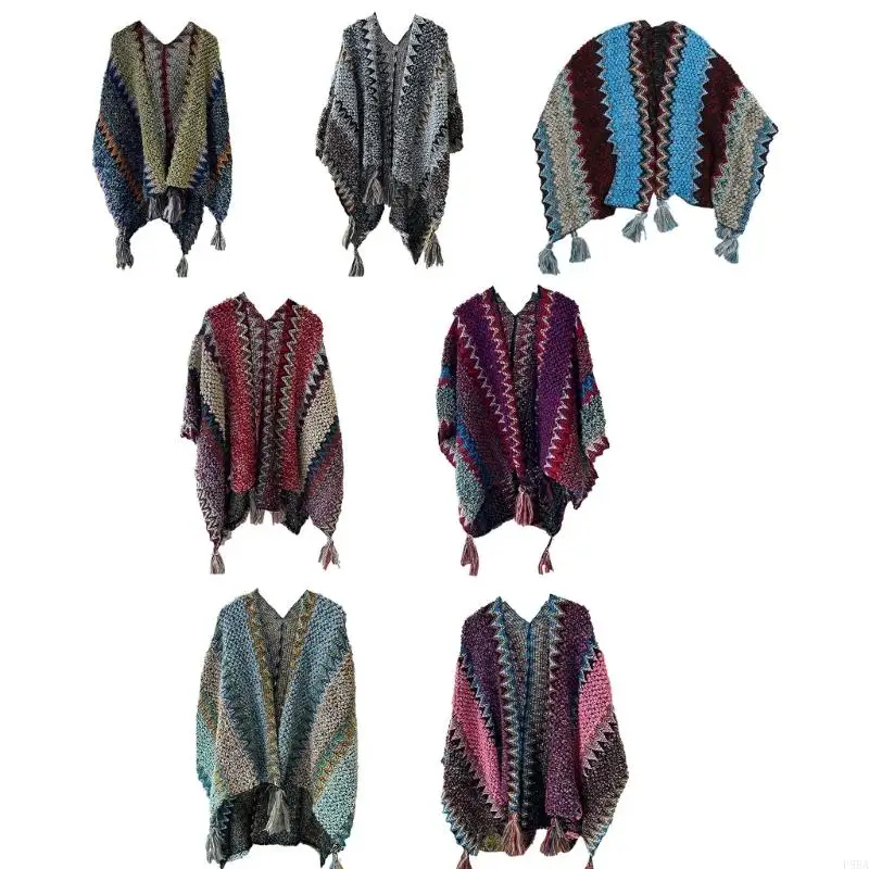 

P88A Womens Shawl Wrap Poncho Ethnic Cape Cardigan Sweater Open Front Tassels Cape for Spring Fall Winter