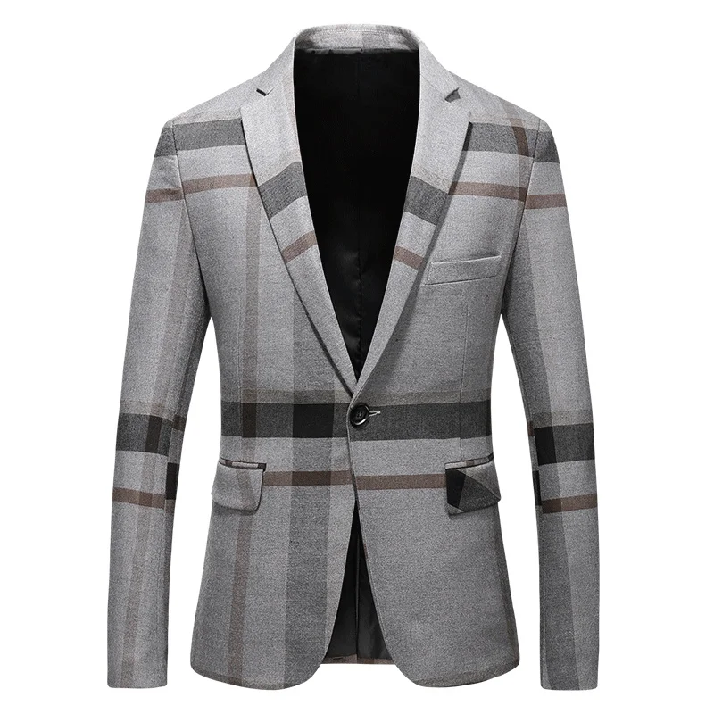 

Plus Size 5XL Mens High Quality Plaid Blazers Brand Clothing Dark Blue Grey Blazer Hommes Slim Casual Social Party Suit Jacket