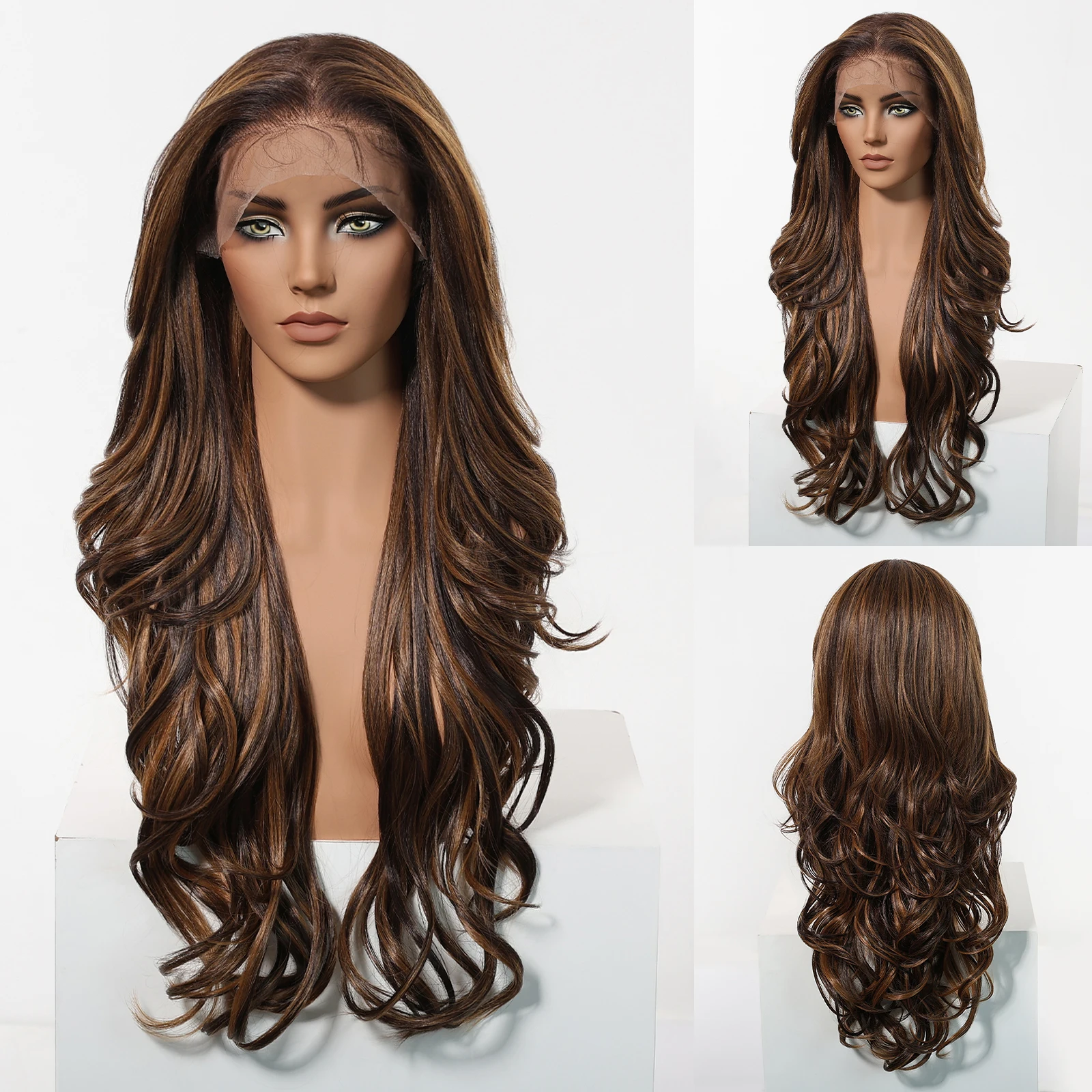 Brown Blonde Highlights Synthetic Wigs 13*6 Lace Frontal Wigs For Black Women Long Wavy Wigs For Daily Cosplay Heat Resistant