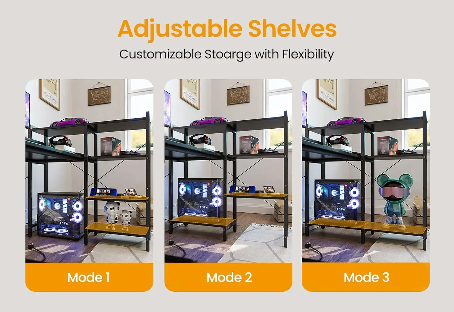 75 inch Computer Desk with Drawers, Reversible Home Office Gaming Corner Desk with LED Lights and Power Outlet File Cab