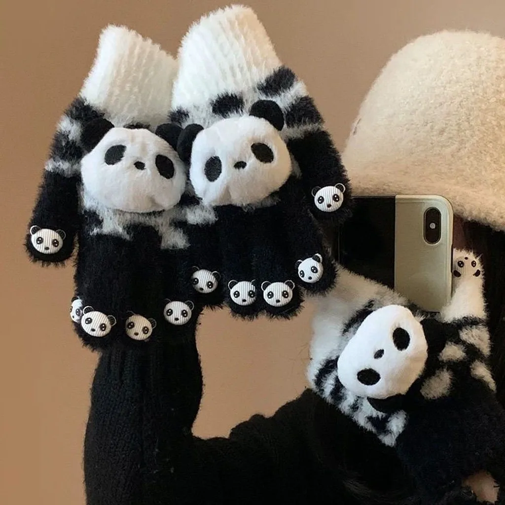 Thickened Gloves 3d Panda Commuting Gloves Cycling Gloves Cute For Students Casual Walking Women