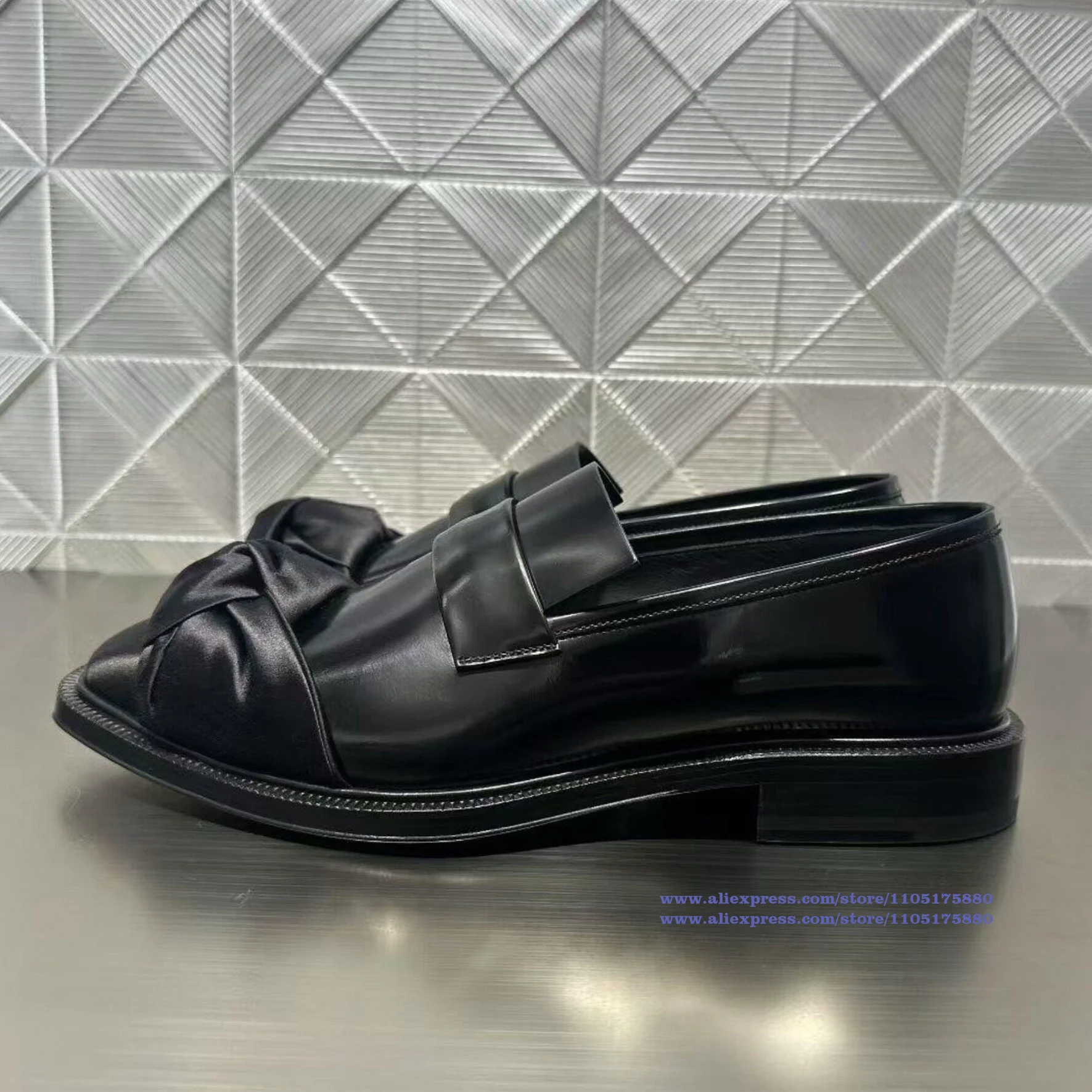 Black Gloss Patent Leather Satin Twisted Bow Loafers Elegant Knot Detail Platform Chunky Sole Slip On Dress Loafers Men's Shoes