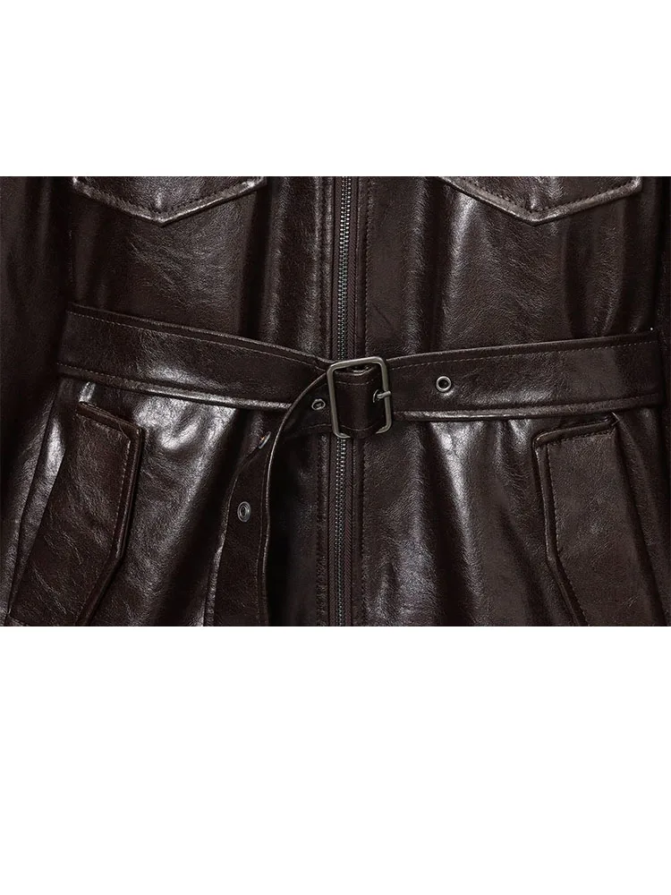 

HH Woman Fashion Winter Street Style Long Sleeves Faux Fur Lapels Zipper Belt Pocket Decoration Coated Faux Leather Jacket