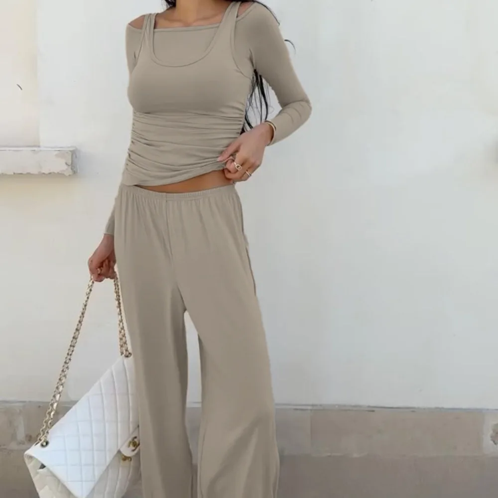 Simple Fake Two-piece Shirt Sports Pants Suit Spring and Autumn Women's Elegant Stretch Square Neck Top Casual Ankle Pants 2Pcs