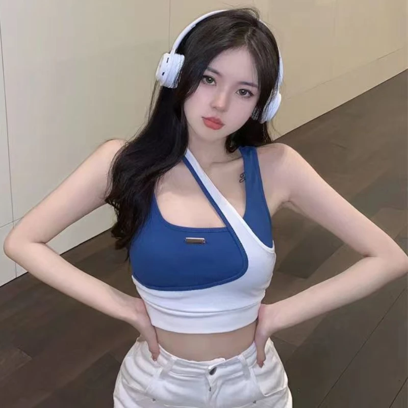 Réservoirs Femmes Nouvelle Arrivée Tendance Patchwork Design Doux Irrégulière Licou Intérieur Nombril Crop Top Sexy Mode Harajuku Haute Rue