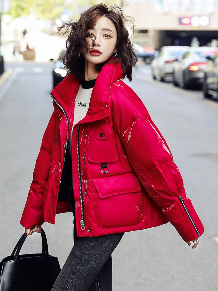 2023 New Glossy Short Stand Collar Down Cotton Coat Women Winter Korean Version Loose Add Thick Keep Warm Female Parka Outerwear