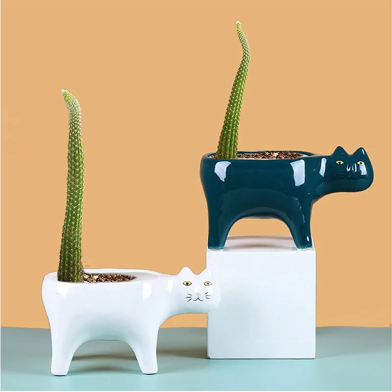 Ceramic Succulent Plant Flower Pot, White and Green Cat Tail, Cartoon Animal, Monkey Tail, Column Cactus