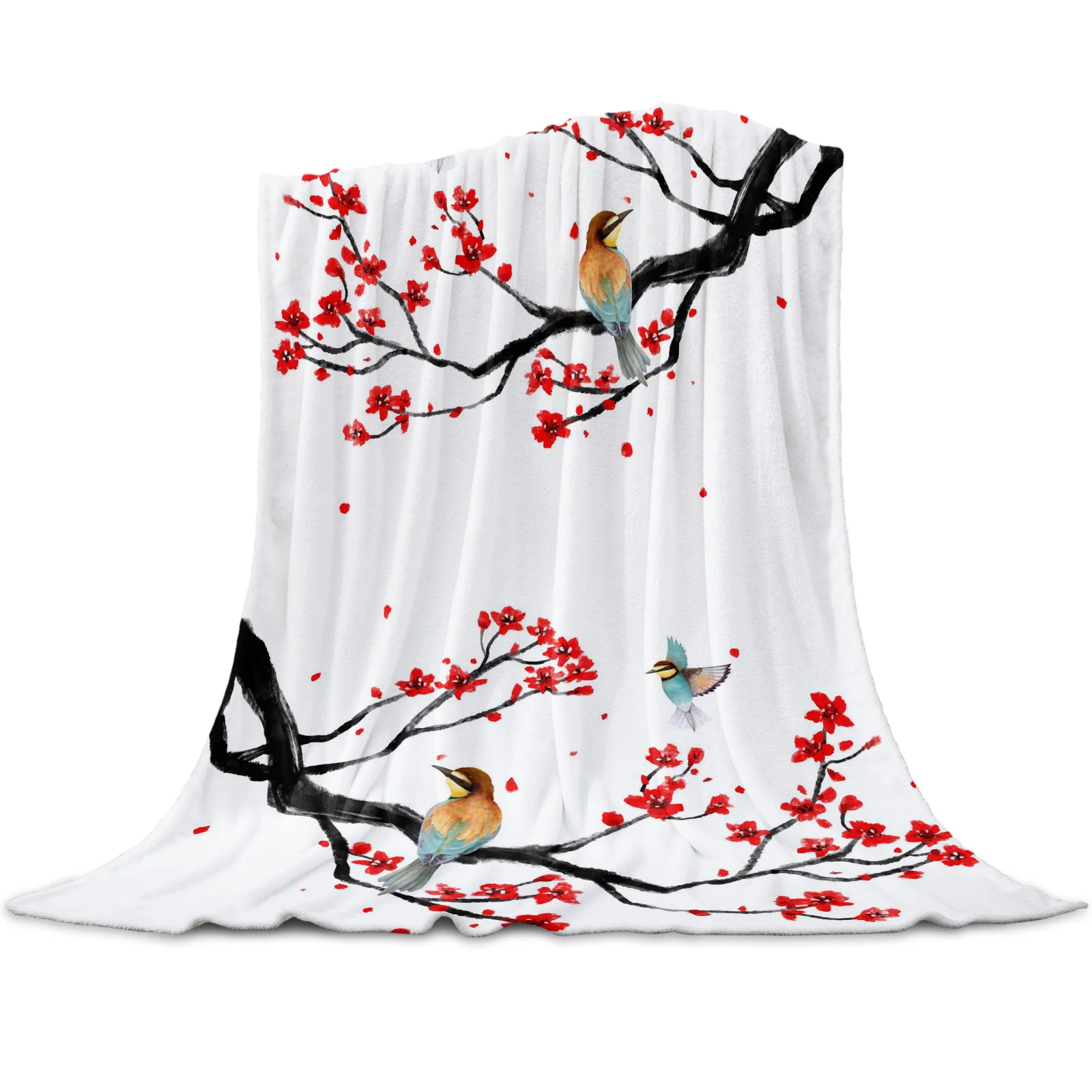 Chinese Style Flower Bird Printed Throw Blanket Flannel Fleece Blankets Warm Soft Throws for Sofa Couch Bed Bedroom Bedspread