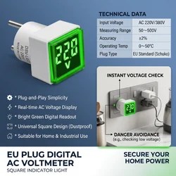 AC 220V/230V Universal Square European Plug Type Household Digital AC Voltmeter Indicator Voltage Measurement Range: 50~500V