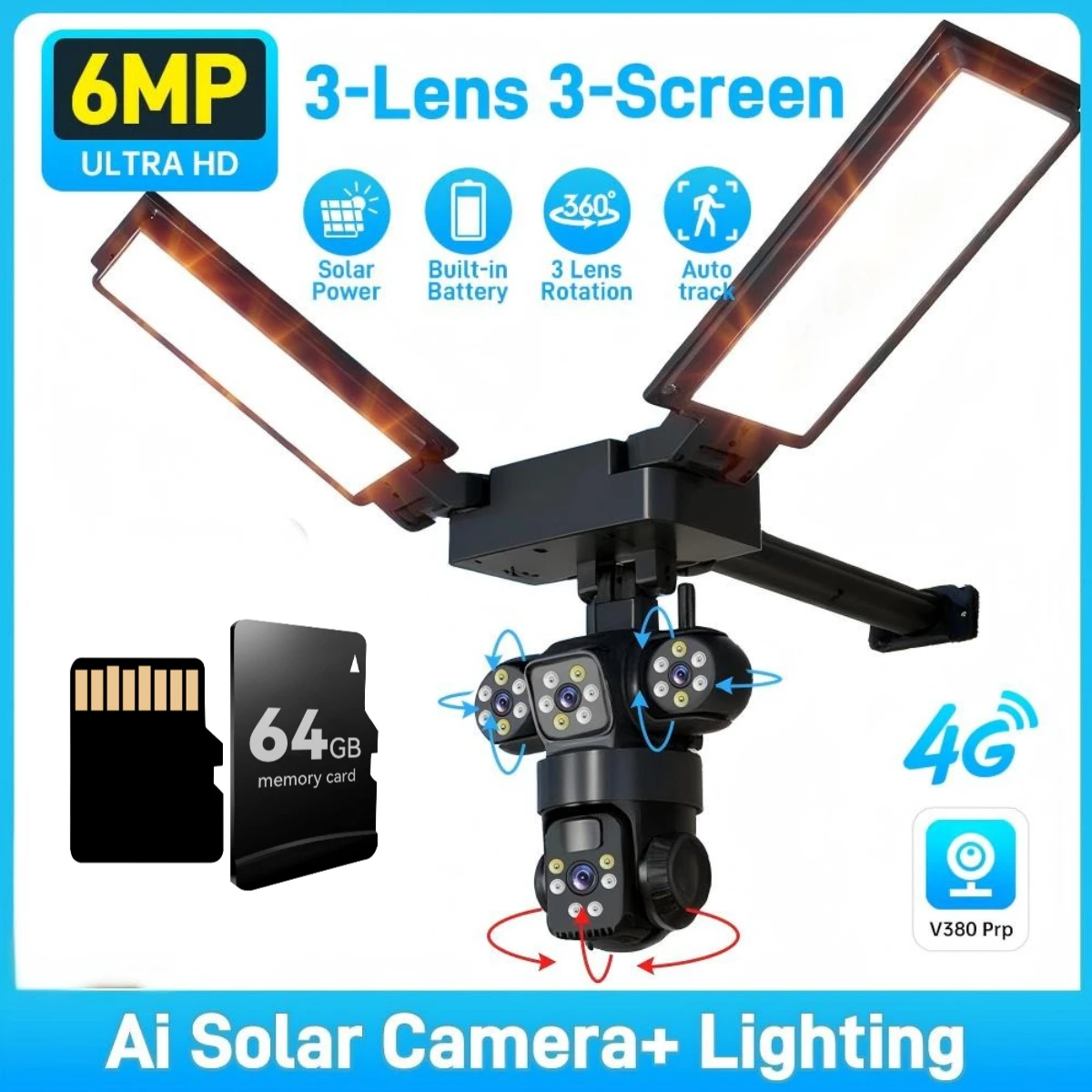 

6MP 3-Lens 4G LTE Solar Security Camera, 3-Screen View&360° Auto Tracking, No WiFi Needed, Built-in Battery&Siren, Outdoor CCTV