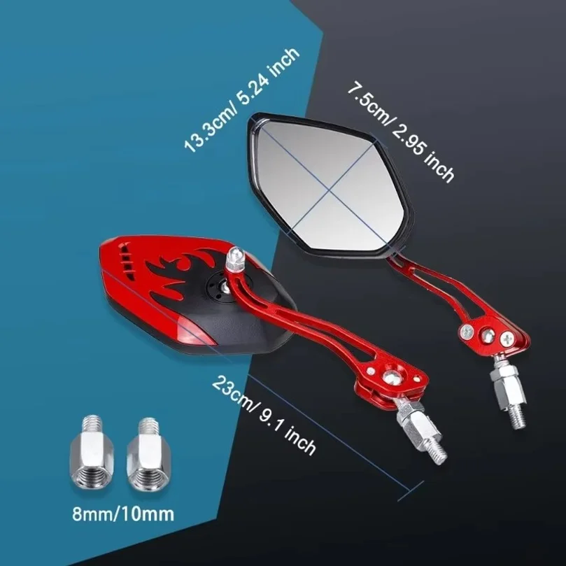 1Pair Universal Motocycle Rear View Adjustable Side Mirrors for Handlebars Aluminum Flame Pattern with 8mm/10mm Screws