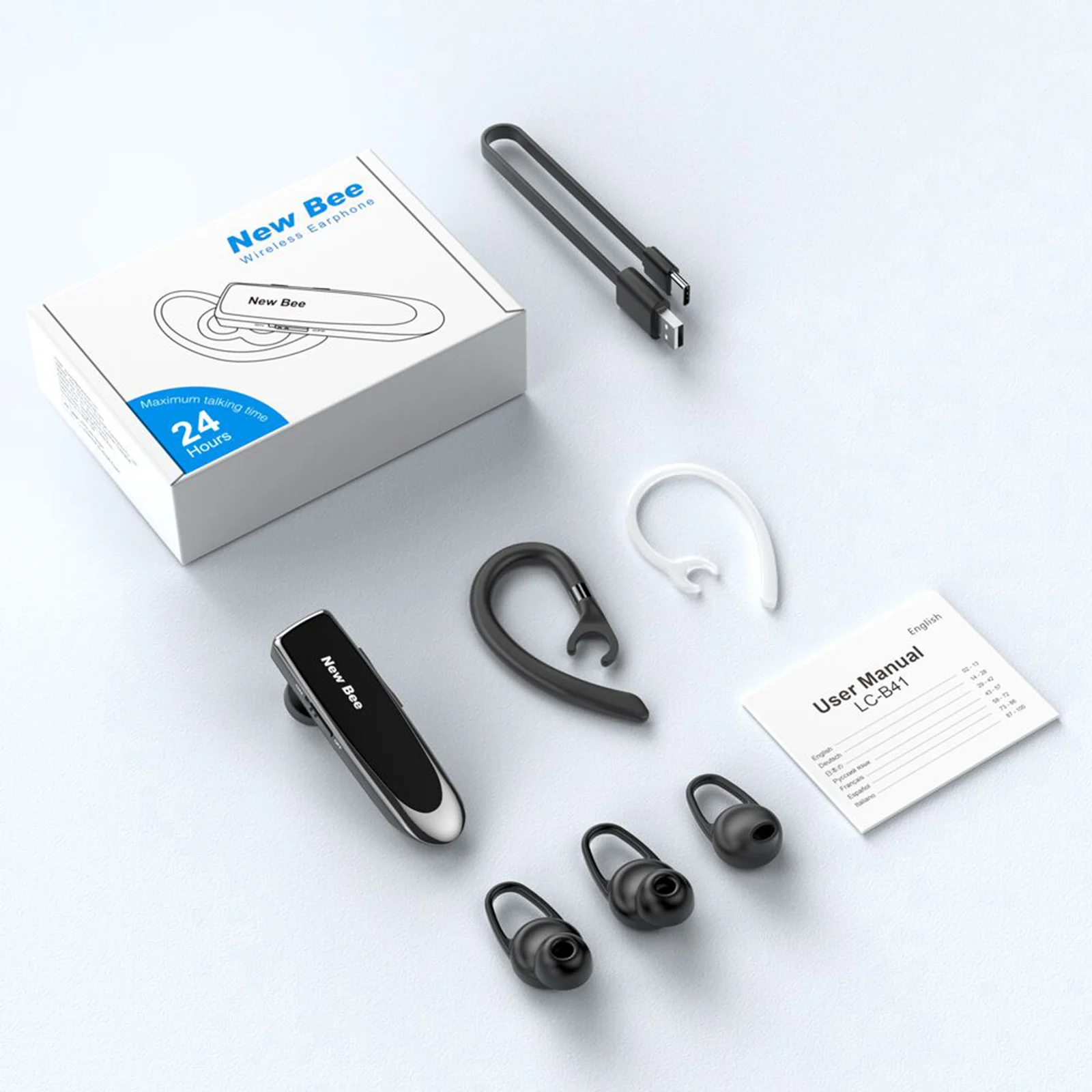 NEWBEE واحد سماعة لاسلكية تعمل بالبلوتوث سماعة سماعة إلغاء الضوضاء هيئة التصنيع العسكري سماعة رأس رياضية حر اليدين سماعات الأذن 24 ساعة مكتب القيادة