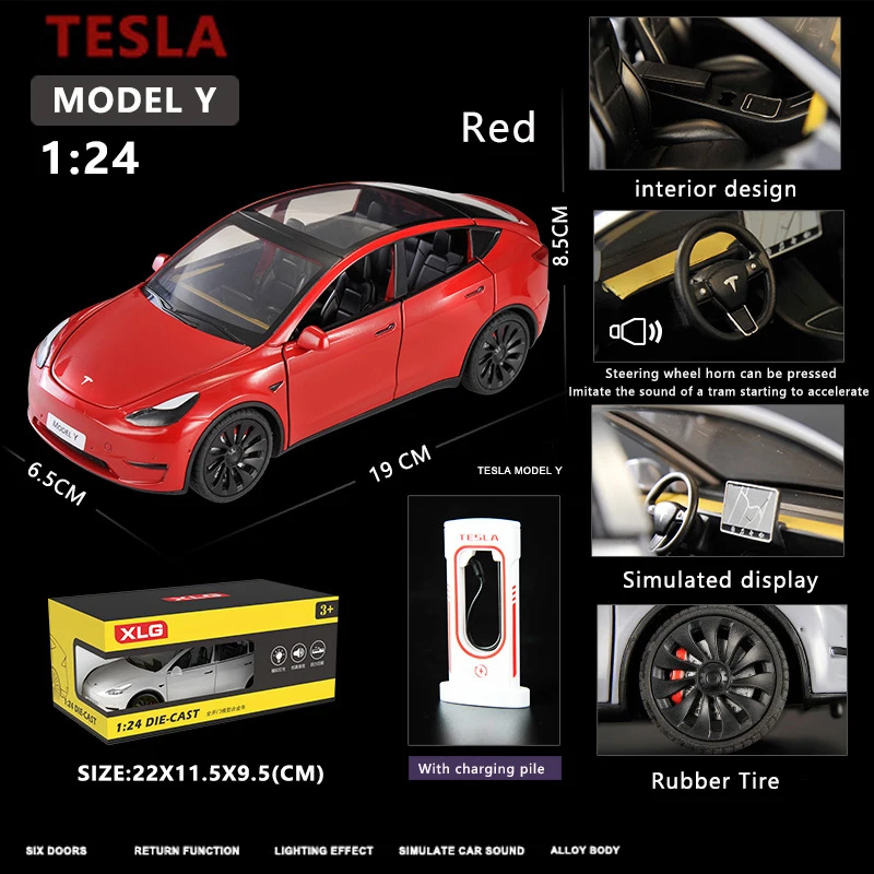 1:24 Simulation Tesla Y Alloy Car Model Sound And Light Pull Back Toy Car New Energy Electric Car Boy Collection Decoration Gift