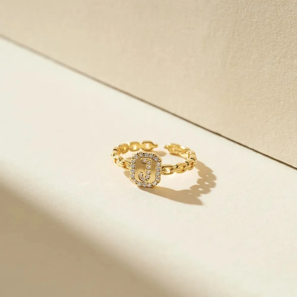 Zircon Single-Letter Open Ring Twisted-Knot Zircon Initial Ring Customized 26-Letter Square Ring Women's Jewelry Birthday Gift