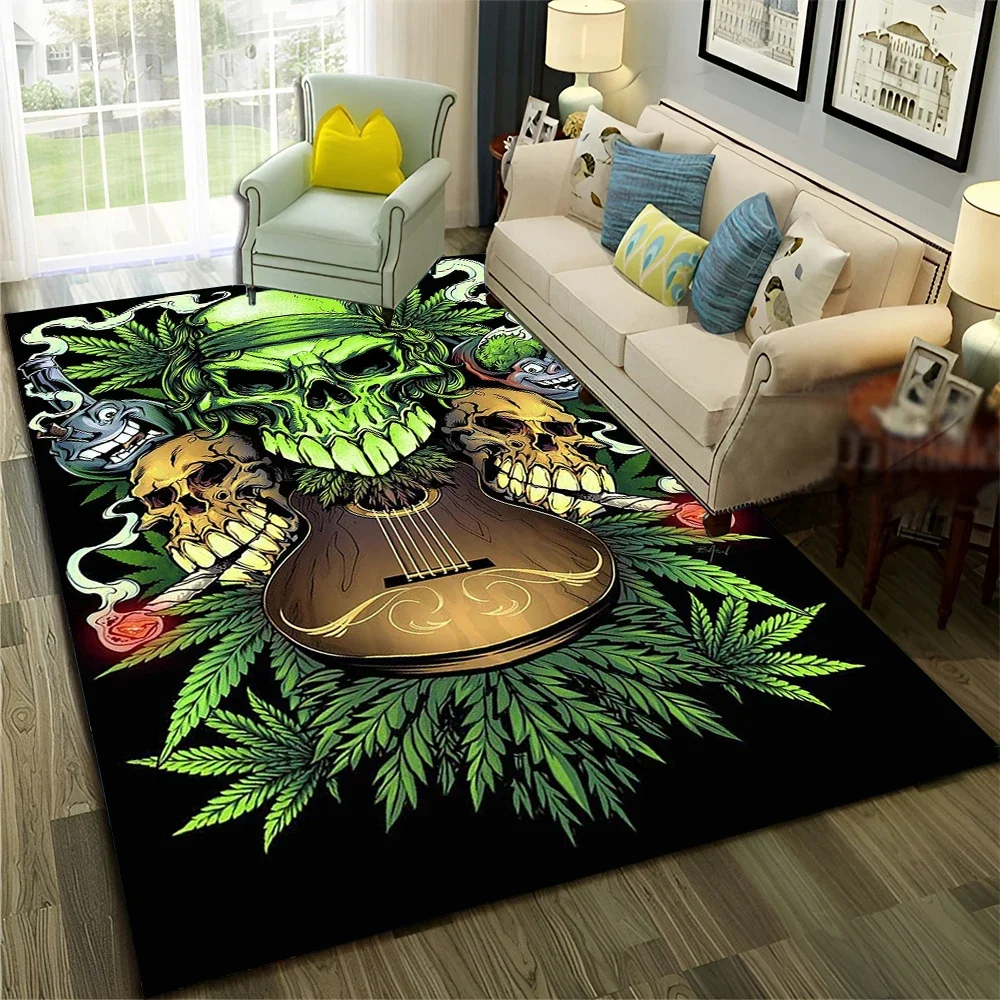 Smoke Maple Weed Plants Green Death Skull Carpet Rug for Home Living Room Bedroom Sofa Doormat Decor,Area Rug Non-slip Floor Mat